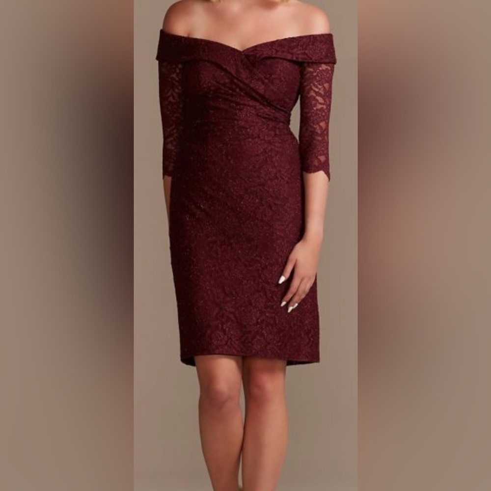 Oleg Cassini Off-the-Shoulder Lace Sheath‎ Dress Wine Size 8 NWT